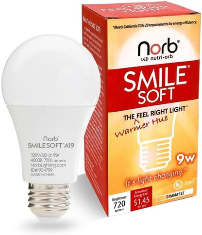 NorbSMILE Soft Full Spectrum Light Bulb | US Patented | A19 LED Bulb & 9W 720 Lumens | 4000K Soft Daylight White, CRI 96 & Dimmable E26 Base | Supports Energy, Mood & Circadian Rhythm - style: Smile Soft 9W (1 Pack)