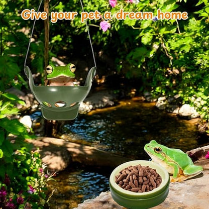Frog Hide Out and Water Dish Bowl Set, Frog Terrarium Kit with Suction Cup and Food Dish, Tree Frogs Terrarium Accessories, Aquarium Decor, Reptile Tank Supplies for Bullfrog (Green, S)