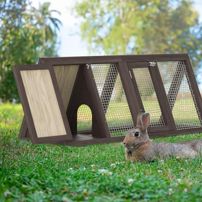 Outdoor Chicken Coop Wooden A-Frame Small Animal Coop Rabbit House Quail Cages with Outdoor Runs & Ventilated Wire Fence Suitable for Garden Backyard Farms 47 x 18 x 19.5 in (Brown) - color: Brown