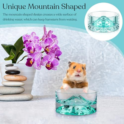 Baderke 2 Pcs Hamster Water Bowls Glass Hamster Food Bowls 35ml Mountain Style Drinking Container Anti Turning for Guinea Pig Gerbils Mice Rats Chinchilla Small Pets(Clear and Green) - color: Clear and Green