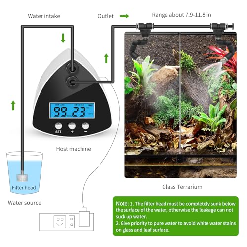 Reptile Mister System, Reptile Humidifier with LCD Screen, Mister for Reptile Tank with 2 Nozzles, Used for Chameleons, Reptiles, Tree Frogs, Snakes
