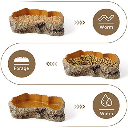 Reptile Food Water Resin Rock Bowls Lizard Gecko Worm Feeding Dish Mini | Amphibian Feeder Bowl Terrarium Decor for Bearded Dragons, Chameleon, Leopard Gecko Frog Snake Hermit Crabs Turtle Spider Pet - size: Mini