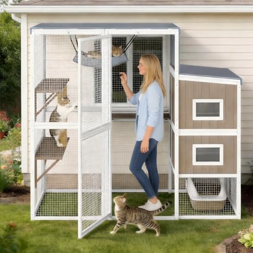 Large Walk-in Catio Outdoor Cat Enclosure, 75" Wooden Cat House for Multiple Indoor Outdoor Cats, Multi-Level Platforms, Hammock & Scratching Post, Dual-Zone Design - size: 75.04"L x 32.68"W x 68.54"H