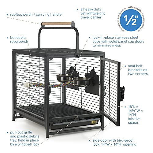Prevue Pet Products Playtop Travel Carrier - Outdoor Travel Bird Cage for Small Parrots & Birds, Front Facing Door, Rope Perch, Lightweight & Portable, Easy Transport - Black