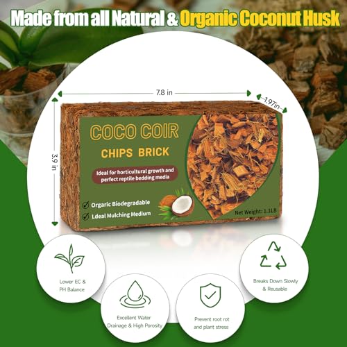 Doter Coco Chips Substrate 1.1 LB, Organic Coconut Husk Brick with Low EC and pH Balanced, Easy to Expand Coco Coir Mulch Medium for Garden Flowers & Reptile Bedding (1 Pcs)