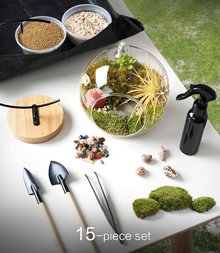 LUCKYRUNES DIY Terrarium Kit with Live Moss, 15-Piece Glass Globe Set with Wooden Stand, Tools, Soil, Stones & Spray Bottle, Indoor Mini Garden Gift for Plant Lovers, Home Desk Decor