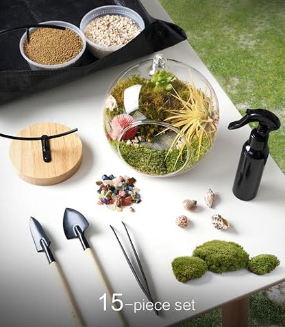 LUCKYRUNES DIY Terrarium Kit with Live Moss, 15-Piece Glass Globe Set with Wooden Stand, Tools, Soil, Stones & Spray Bottle, Indoor Mini Garden Gift for Plant Lovers, Home Desk Decor