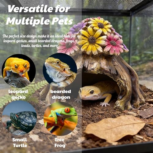Humid Hide for Leopard Gecko – Resin Reptile Hide with Artificial Flowers, Tree Stump Cave for Crested Gecko Corn Snake Juvenile King Snake, Terrarium Decor Accessory (7.3"x6.7"x5.5")
