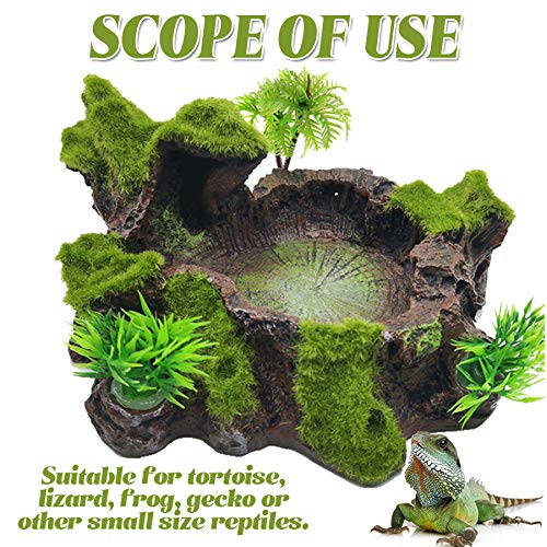 TIHOOD Plastic Reptile Tank Decor - Resin Reptile Platform with Artificial Tree Trunk Design - Food Dish Bowl for Lizards, Geckos, Frogs & More