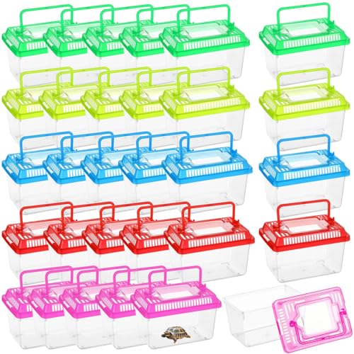 30 PCS Plastic Reptile Terrarium Carrier Cage, Portable Transparent Aquarium Box with Slotted Ventilation Holes for Turtle, Snake, Spider, Breeding, Hatching, Fish, 5 Colors Lid, 5 x 3.4 x 3.4 in - color: multicolor,30PCS