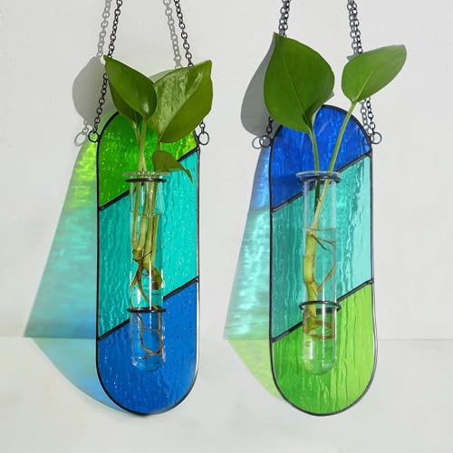 Hewory Stained Glass Plant Propagation Hanging 2 Pcs Propagation Station Planters for Window Decor - Unique Hydroponic Propagated Plant Holders for Kitchen Gifts for Mom - color: Blue-green