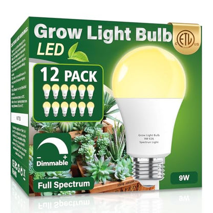 12 Pack Full Spectrum Grow Light Bulbs,A19 Grow Lights for Indoor Plants,Dimmable E26 9W Grow Bulb Replace up to 100W,Plant Lights for Indoor Growing,Flowers,Greenhouse,Indore - size: 12 Pack