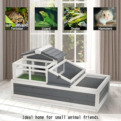 3-Room Tortoise Habitat with Balcony and 2 Stories - Large Wooden Reptile Enclosure for Turtles, Openable Roof, Ladder, Turf Mat, and Removable Tray, Grey and White