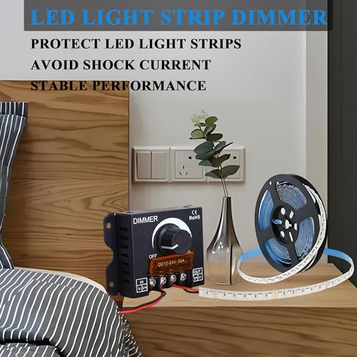 MAYWILLA LED Light Strip Dimmer Controller,DC 12V-24V 30A PWM Stepless Dimming Switch with Adjust Brightness ON/Off Knob and Aluminum Case for Single Channel 5050 3528 LED Light Strip
