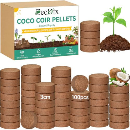 ZeeDix 100 Pcs (30mm) Compressed Coco Coir Fiber Potting Soil Seed Starters - Organic Coco Coir Pellet Fiber Soil for Planting Bonsai, Herbs, Plants, Flowers and Vegetables - size: 30mm