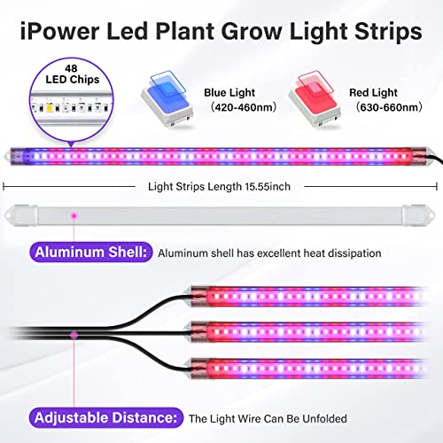 iPower LED Plant Grow Light Strips Full Spectrum with 3 Timing Modes, 10 Dimmable Levels 48 LEDs Per Tubes, Sunlike Grow Lamp for Hydroponics Succulent,Red & Blue - color: Red&Blue, size: 3 Tubes, style: Grow Light Strips