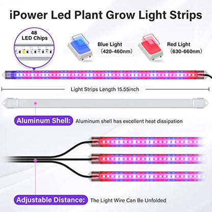 iPower LED Plant Grow Light Strips Full Spectrum with 3 Timing Modes, 10 Dimmable Levels 48 LEDs Per Tubes, Sunlike Grow Lamp for Hydroponics Succulent,Red & Blue - color: Red&Blue, size: 3 Tubes, style: Grow Light Strips