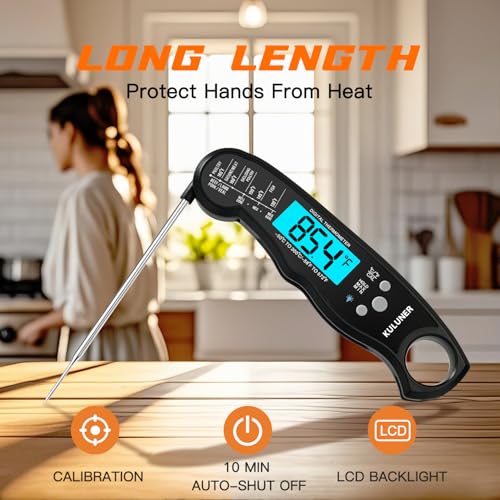 KULUNER Digital Meat Thermometer Instant Read, Waterproof Probe with Backlight & Calibration, Ultra Fast 2-3s Reading, Stainless Steel Kitchen Food Thermometer for Grilling BBQ Cooking Candy - Black - color: Black