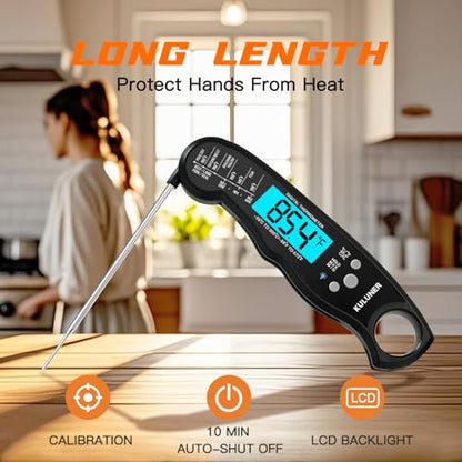 KULUNER Digital Meat Thermometer Instant Read, Waterproof Probe with Backlight & Calibration, Ultra Fast 2-3s Reading, Stainless Steel Kitchen Food Thermometer for Grilling BBQ Cooking Candy - Black - color: Black