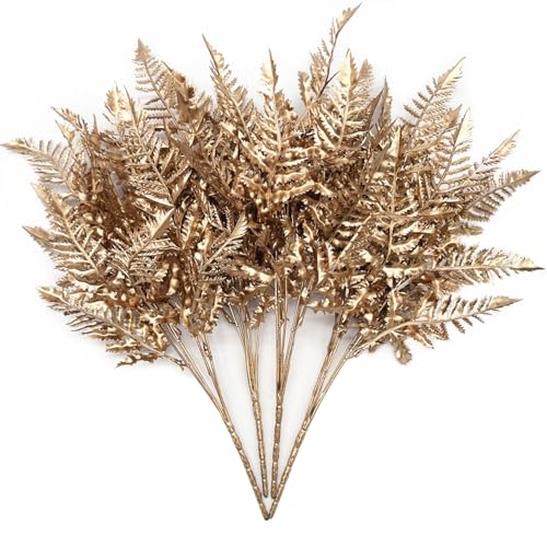 PASYOU Golden Fake Plants, Artificial Flowers Decoration for Christmas Plastic Boston Grass Faux DIY Crafts Indoor Outdoor Home Garden Party Room Bedroom Wedding Table Centerpiece Decor, Gold 4 Pack - color: Gold Boston Grass - 4 Pack