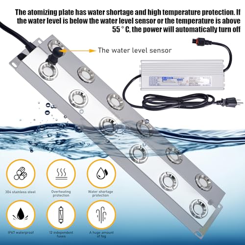 Ultrasonic Mist Maker Fogger 12 Head Pond Mister Fogger with Float, Waterproof Power Supply and Ceramic Disc, Ultrasonic Atomizer Humidifier for Greenhouse Halloween Decor (12 Heads) - style: 12 heads