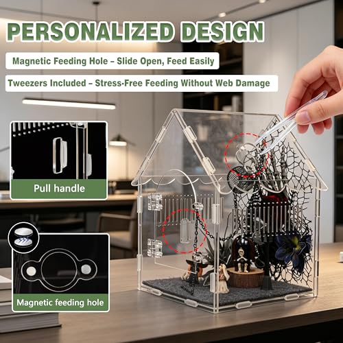 24-in-1 Jumping Spider Enclosure Kit, Acrylic Arboreal Terrarium with Magnetic Door & Feeding Hole, Complete Accessories for Tarantula Mantis Reptile Isopod, 8"x8"x12" (Gothic Style)