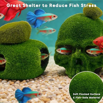 SNAIL GARDEN 8pcs Aquarium Decor, 4.5" Realistic Moss Skull Hideout & Mossy Rock Reptile Cave with 6pcs Algae Balls,Resin Fish Tank Decorations Shrimp Cave Aquarium Betta Fish Hiedout Reptile Habitat