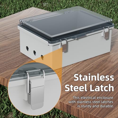 Joinfworld Clear Electrical Enclosure Box 14x10x6 for WiFi Router | Weatherproof ABS box: insulation, vented, DIN rail, grid plate, 2 NPT3/4" glands, wall mount for Light WIFI Security - size: 13.8"x9.8"x5.9" Clear