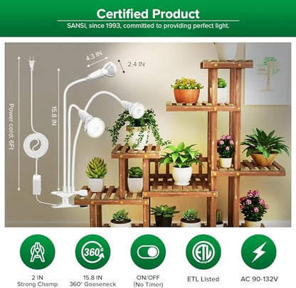 SANSI LED Grow Lights for Indoor Plants, 450W Full Spectrum Clip-on Gooseneck Grow Light with Ceramic Tech.,30W Plant Light with Optical Lens, Lifetime Free Bulbs Replacement White, No Timer - size: 3 Head 1-Pack