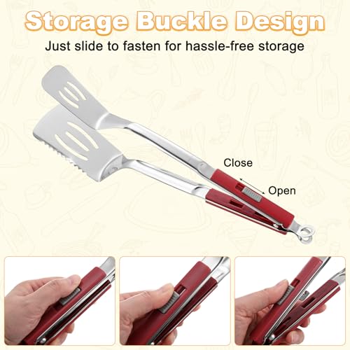 M METERXITY Spatula Tongs, 13.4 Inch 304 Stainless Steel Anti-Scald Extended Serrated Multifunctional Flipper Grill Clamp for Cooking/Barbecue, Kitchen Cooking Tong [Red Handle, Silver Tone] - color: Red Handle, Silver Tone