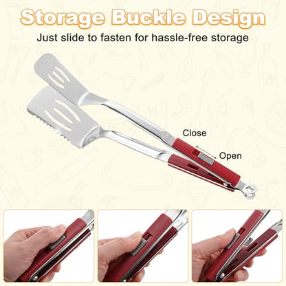 M METERXITY Spatula Tongs, 13.4 Inch 304 Stainless Steel Anti-Scald Extended Serrated Multifunctional Flipper Grill Clamp for Cooking/Barbecue, Kitchen Cooking Tong [Red Handle, Silver Tone] - color: Red Handle, Silver Tone