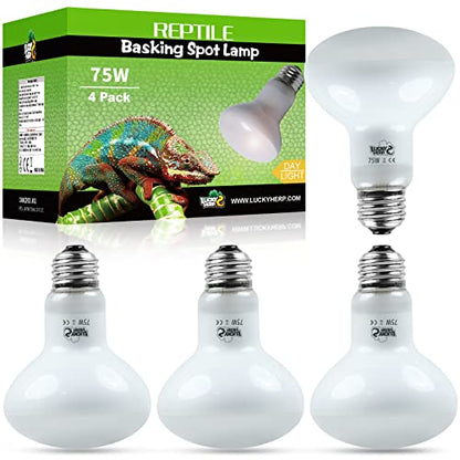 LUCKY HERP 4 Pack 75W Reptile Heat Lamp Bulb (2nd Gen), Amphibian Basking Light Bulb, Reptile Daylight Bulb for Turtle, Bearded Dragon, Lizard Heating Use - size: 75