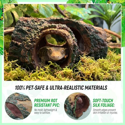 Crested Gecko Tank Accessories Kit，Tree Trunk Hideout, Artificial Plants | Feeding Bowl, Jungle Vines , Resting Leaves Platform , hygrometer thermometer , for Leopard Gecko, Frogs, Hermit Crabs