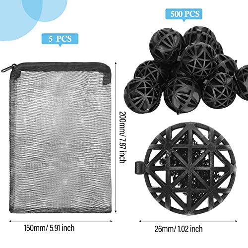 CHENGU 500 Pieces Bio Filter Balls Black Bio Balls for Aquarium Pond Filters Bulk 1.02 Inch Internal Bioball Media with 5 Pieces Filter Media Mesh Bags with Zipper for Aquarium Fish Tank Pond