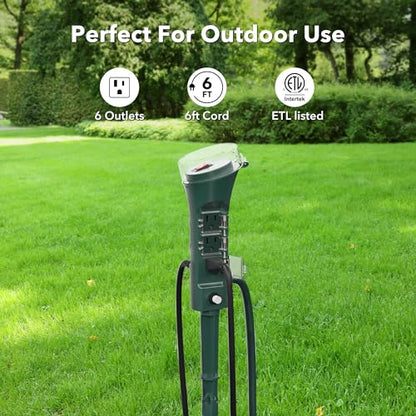 BN-LINK Outdoor 6ft Extension Cord Power Stake with 6 Outlets, Outside Power Strip with Overload Protection & Weatherproof Covers, Waterproof Yard Stake Outlets Use for Camping, Sprinkler, Party - size: Mechanical