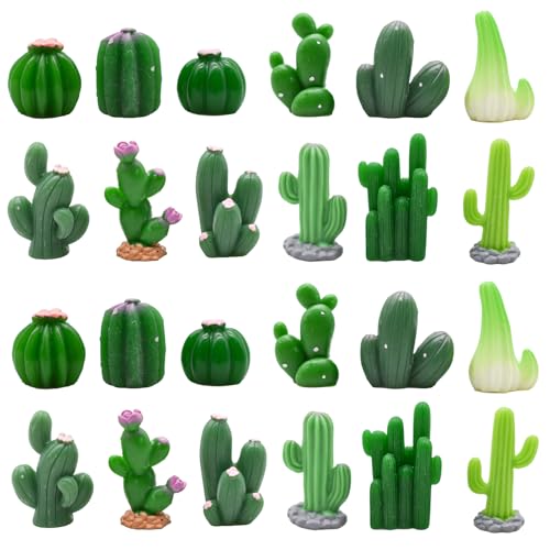 24Pcs Mini Artificial Cactus Figurines Miniature Green Cacti Figures Resin Succulent Plant Cake Topper for DIY Dollhouse Fairy Garden Bonsai Micro Landscape Decors