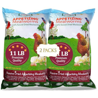 Amzey Appetizing Mealworms 22lbs-100% Non-GMO Dried Mealworms - High-Protein Meal Worm Treats -Perfect for Your Chickens,Ducks,Wild Birds,Turtles,Hamsters,Fish - size: 11 Pound (Pack of 2)