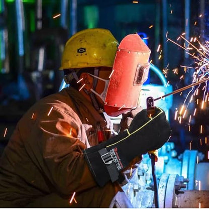 16 Inch Leather Welding Gloves, 932℉ Heat & Fire Resistant, Large Black Mitts for Welding, BBQ, Oven, Grill, Fireplace, Forge, Furnace, Stove, Pot Holder & Animal Handling - size: Large