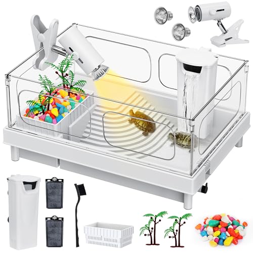 Turtle Tank Kit - Starter Aquarium with Light, Filter, Brush, Easy to Install & Clean, for Turtles, Crabs, Small Reptiles - color: White, size: Tank+Light+Filter