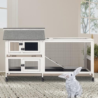 2-Story Rabbit Hutch Indoor & Outdoor, Large Bunny Hutch with 3 Pull-Out Trays, 6 Lockable Wheels, Wooden Rabbit Cage with Asphalt Roof & 6 Accesses for 2-4 Rabbits, Backyard, Home, Patio - size: PET80
