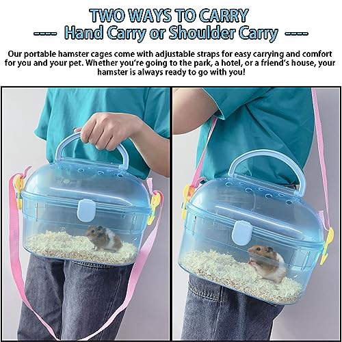 Portable Hamster Cage Syrian Hamster Carry Travel Cage with Water Bottle Food Bowl Adjustable Strap Small Animals Outgoing Cages for Gerbil Squirrel Guinea Pig Chinchilla Hedgehog Blue - color: Blue Hamster Carriers