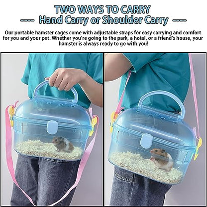 Portable Hamster Cage Syrian Hamster Carry Travel Cage with Water Bottle Food Bowl Adjustable Strap Small Animals Outgoing Cages for Gerbil Squirrel Guinea Pig Chinchilla Hedgehog Blue - color: Blue Hamster Carriers