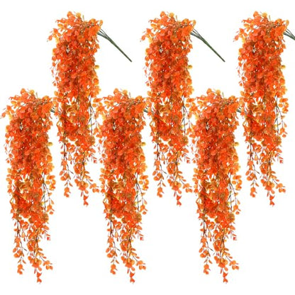 6 Pack Artificial Hanging Plants 21.65 Inch Fake Hanging Eucalyptus Plants Faux UV Resistant Plastic Vine Greenery for Indoor Outdoor Bedroom Living Room Wall Patio Porch Shelf Decor (Orange)