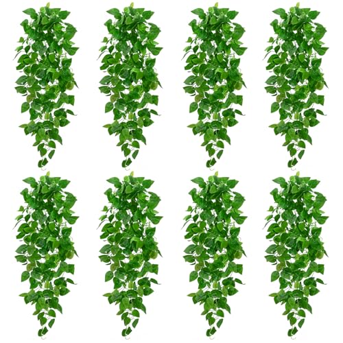 BLEUM CADE 8Pcs Fake Hanging Plants, 9 Branch Artificial Hanging Plant, Lush Faux Pothos Vines for Home Room Wall Shelf Porch Outdoor Indoor Decor (No Baskets) - color: Pothos Ivy Vines - 9 Branch, size: 8pcs