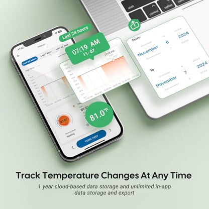 WiFi Digital Heat Mat Thermostat Controller, 32-113°F with Heating Cooling Mode, 365 Day Data Export, 1200W, High/Low Temp Alerts, Plug & Play for Reptile Seedling Brewing Breeding Greenhouse