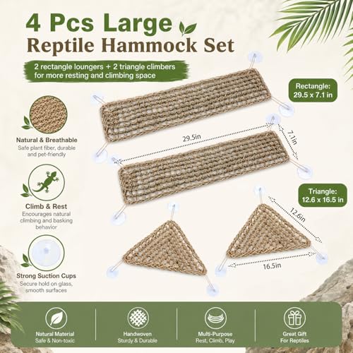 Dansydaisy 4 Pcs Bearded Dragon Reptile Hammock Large Set, Woven Lounger with Strong Suction Cups, Includes 2 Rectangle (29.5" x 7.1") and 2 Triangle (12.6" x 16.5") Climbing Beds for Geckos Iguanas - size: 29.5" X 7.1"，12.6" X 16.5"