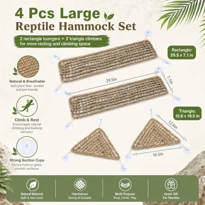 Dansydaisy 4 Pcs Bearded Dragon Reptile Hammock Large Set, Woven Lounger with Strong Suction Cups, Includes 2 Rectangle (29.5" x 7.1") and 2 Triangle (12.6" x 16.5") Climbing Beds for Geckos Iguanas - size: 29.5" X 7.1"，12.6" X 16.5"
