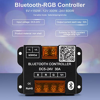 RGBZONE RGB Bluetooth LED Controller, DC5-24V 30A Smart APP Dimmable Strips Light Controller 16 Million Colors Music & Alarm Modes for 5050 3528 LED Strip Lights, Metal Shell - color: RGB