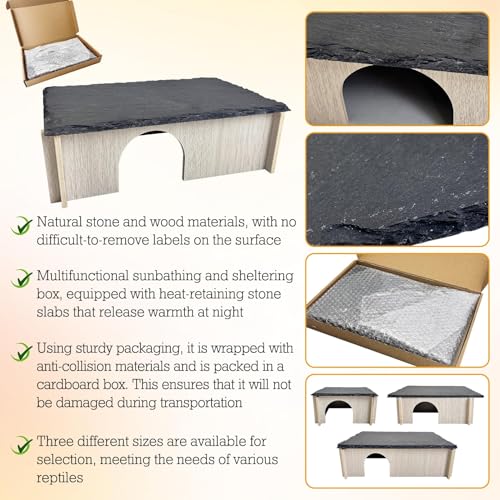 PINVNBY Bearded Dragon Basking Platform, Wood Reptile Hides and Caves, Crested Gecko Hide with Slate Rock, Leopard Gecko Tank Accessories for Small Lizard Snake Turtle (S: 5.9x5.9 inches) - size: S: 5.9x5.9 inches