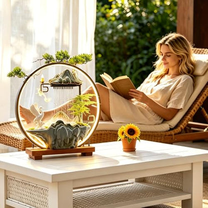 Tabletop Water Fountains Indoor Waterfall Fountain with Mist LED Light Feng Shui Wealth Desk Fountain with Backflow Incense Holder Zen Decor for Meditation (Crane) | Tabletop Water Fountains with Backflow Incense Holder, Indoor Meditation Water Feature fo